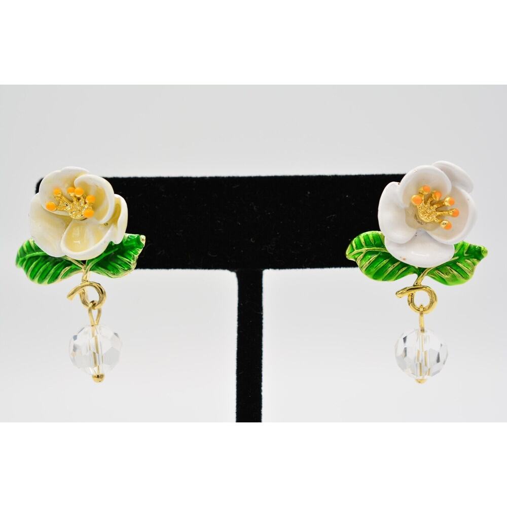 Crystal Flower Dangle Earrings White Green Enamel Gold Tone Spring Summer Bin7